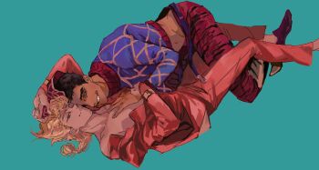 2boys animal_print aqua_background argyle_clothes argyle_hat argyle_sweater beet_(vhvt5535) belt blonde_hair blue_belt blue_eyes blue_sweater braid brown_eyes brown_hair dark-skinned_male dark_skin giorno_giovanna grin guido_mista hand_on_another&#039;s_chest hand_on_another&#039;s_wrist hat jacket jojo_no_kimyou_na_bouken long_hair looking_at_viewer male_focus midriff multiple_boys open_belt open_clothes open_jacket pants pink_jacket pink_pants red_hat red_pants red_shoes shoes short_hair smile sweater tiger_print vento_aureo very_short_hair victory_rolls yaoi