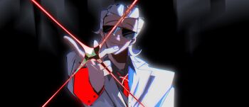 1boy absurdres black_shirt coat collared_shirt conswayo hair_slicked_back highres inverted_colors looking_at_viewer male_focus mullet necktie red_necktie revealing_layer shirt smirk snapping_fingers solo sunglasses to_be_hero to_be_hero_x white_coat white_hair x_(symbol) x_(to_be_hero_x)