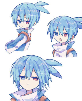 1boy absurdres blue_eyes blue_hair closed_mouth commentary_request cropped_shoulders double-parted_bangs futaba969649 hair_between_eyes heterochromia high_collar highres jacket male_focus open_mouth puyopuyo red_eyes short_hair sig_(puyopuyo) simple_background twitter_username white_background white_jacket