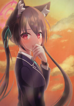 1girl absurdres animal_ear_fluff animal_ears black_jacket blue_archive blue_necktie blue_ribbon blush cat_ears cloud collared_shirt commentary_request hair_ribbon halo highres jacket long_hair looking_at_viewer necktie orange_sky pink_halo red_eyes ribbon serika_(blue_archive) shirt sky solo sparkle twintails white_shirt yukimura_88