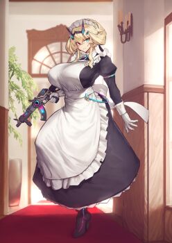 Rule 34 | 1girl, apron, arm behind back, back bow, barghest (fate), barghest (swimsuit archer) (second ascension) (fate), black boots, black dress, blonde hair, blue eyes, boots, bow, breasts, closed mouth, collared dress, dress, fate/grand order, fate (series), full body, game cg, gloves, gun, hand up, heterochromia, high heel boots, high heels, holding, holding gun, holding weapon, horns, huge breasts, indoors, juliet sleeves, leg up, long dress, long sidelocks, long sleeves, looking at viewer, maid, maid apron, maid headdress, melon22, official art, puffy sleeves, red eyes, short hair with long locks, sidelocks, sleeve cuffs, smile, solo, standing, standing on one leg, third-party source, trigger discipline, variant set, weapon, weapon request, white apron, white gloves, wing collar