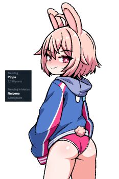 1girl ahoge animal_ears ass blue_hoodie blush bright_pupils closed_mouth commentary cowboy_shot dot_nose double_horizontal_stripe english_commentary english_text from_behind hair_between_eyes hood hood_down hoodie ink_(inksgirls) looking_at_viewer looking_back medium_hair multicolored_hoodie panties phase_connect pink_eyes pink_hair pink_hoodie pink_panties pipkin_pippa rabbit_ears rabbit_girl rabbit_tail simple_background sleeves_past_fingers sleeves_past_wrists smile solo spanish_text split_mouth straight_hair tail twitter_screenshot underwear virtual_youtuber wedgie white_background white_hoodie white_pupils