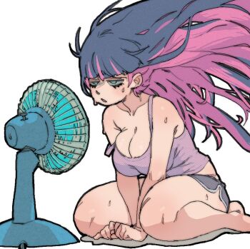 1girl blue_hair breasts colored_inner_hair electric_fan exhausted green_eyes hair_lift multicolored_hair pantsu-ripper panty_&amp;_stocking_with_garterbelt pink_hair shorts solo stocking_(psg) sweat sweatdrop tank_top thighs two-tone_hair white_background wind wind_lift