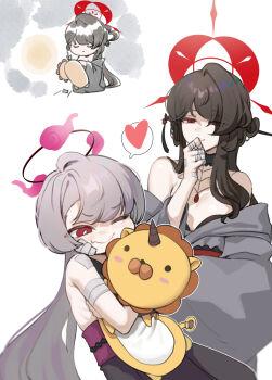 2girls ;) bandaged_arm bandages bare_shoulders black_hair blue_archive commentary_request fang fang_out grey_hair halo heart highres hugging_doll hugging_object kokuriko_(blue_archive) long_hair moonjunk multiple_girls one_eye_closed oni purple_sash red_eyes red_halo saikyo_ikkaku_raion_(blue_archive) sash sewing shuro_(blue_archive) simple_background skin_fang smile spoken_heart stuffed_animal stuffed_toy white_background