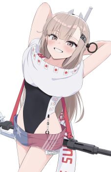 Rule 34 | 1girl, absurdres, american flag, american flag print, american flag skirt, arms behind head, arms up, black one-piece swimsuit, blush, cowboy shot, denim, denim skirt, flag print, grey eyes, grey hair, grin, hair ornament, headgear, highleg, highleg one-piece swimsuit, highres, japanese flag, kantai collection, kill markings, l meet, long hair, looking at viewer, oerlikon 20mm gun, one-piece swimsuit, print skirt, scarf, simple background, skirt, smile, solo, swimsuit, two-tone one-piece swimsuit, wahoo (kancolle), wahoo kai (kancolle), white background, white scarf