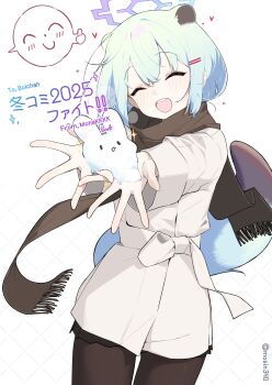 absurdres animal_ears blue_archive brown_coat brown_pants closed_eyes coat green_hair green_tail halo highres medium_hair mona_kkkk pants purple_halo shigure_(blue_archive) simple_background smile tail thumbs_up weasel_ears weasel_girl weasel_tail white_background