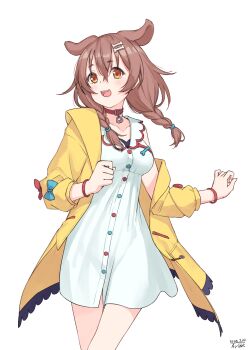 Rule 34 | 1girl, absurdres, animal collar, animal ears, artist name, belt collar, bone hair ornament, braid, braided twintails, breasts, brown eyes, brown hair, buttons, collar, commentary request, dated, dog ears, double-parted bangs, dress, empire waist, extra ears, feet out of frame, girly running, hair between eyes, hair ornament, hairclip, highres, hololive, inugami korone, inugami korone (1st costume), jacket, long hair, low twin braids, low twintails, medium breasts, off shoulder, open clothes, open jacket, open mouth, parallel hairclips, paw pendant, raised eyebrows, red collar, short dress, signature, simple background, single bare shoulder, single off shoulder, sleeve bow, sleeveless, sleeveless dress, solo, traveler (artbbt), twin braids, twintails, virtual youtuber, white background, white dress, wristband, yellow jacket