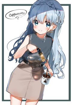1girl belt black_shirt blue_eyes blue_hair blush bow braid brown_skirt casual coffee coffee_mug coffee_pot cup earrings english_text gochuumon_wa_usagi_desu_ka? hair_bow highres jewelry kafuu_chino long_hair mug pouring ribbon same_jarashi shirt simple_background skirt sleeveless sleeveless_shirt smile solo speech_bubble white_background