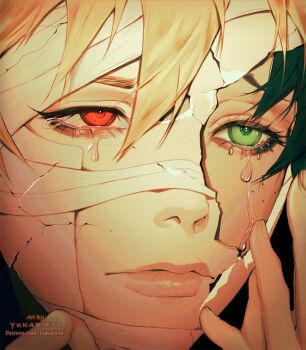 Rule 34 | 2boys, artist name, bakugou katsuki, bandaged head, bandages, blonde hair, boku no hero academia, closed mouth, cracked kawaii mask, crying, eyelashes, green eyes, green hair, highres, lips, male focus, midoriya izuku, multiple boys, nose, patreon username, portrait, red eyes, short hair, tears, yukarietd