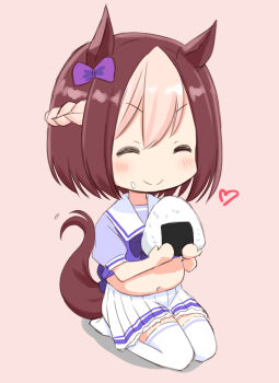 Rule 34 | 1girl, ^ ^, animal ears, big belly, blush, bow, braid, brown hair, chibi, closed eyes, commentary request, facing ahead, fat, fat woman, food, food on face, full body, hair between eyes, hair bow, half up braid, heart, highres, holding, holding food, horse ears, horse girl, horse tail, medium hair, miniskirt, no shoes, onigiri, pink background, purple bow, purple serafuku, retsumaru, rice, rice on face, sailor collar, sailor shirt, school uniform, seiza, serafuku, shirt, short sleeves, simple background, sitting, skirt, smile, solo, special week (umamusume), summer uniform, tail, thighhighs, tracen school uniform, umamusume, v-shaped eyebrows, white sailor collar, white skirt, white thighhighs, zettai ryouiki