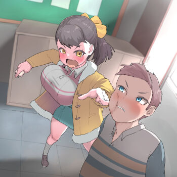 1boy 1girl angry black_hair blue_eyes blush breasts brown_hair classroom huge_breasts long_hair open_mouth original ponytail pt school short_hair slapping yellow_eyes
