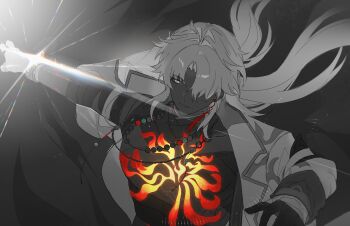 1boy ahoge alternate_form bandages bead_necklace beads blade_(honkai:_star_rail) curtained_hair earrings glowing hair_over_one_eye highres honkai:_star_rail honkai_(series) jacket jewelry long_hair male_focus mortenax_blade_(honkai:_star_rail) necklace official_alternate_eye_color official_alternate_hair_color official_alternate_skin_color open_clothes open_jacket partially_colored sparkle tassel upper_body very_long_hair zongchaa
