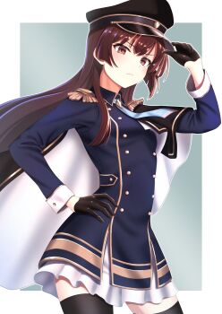 Rule 34 | 1girl, aqua background, black gloves, black hat, black thighhighs, blue dress, blue necktie, border, brown eyes, brown hair, cape, closed mouth, commentary request, contrapposto, dress, epaulettes, frown, gloves, half gloves, hand on own hip, hat, highres, juujou hiyori, long hair, long sleeves, looking at viewer, military uniform, necktie, osafune katsuobushi kobo, outside border, peaked cap, solo, standing, thighhighs, toji no miko, v-shaped eyebrows, white border, white cape