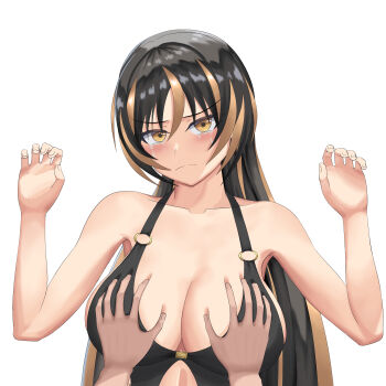 absurdres amadea_wolfa black_hair black_one-piece_swimsuit blonde_hair blush breasts crying crying_with_eyes_open dolphin_wave grabbing_another&#039;s_breast groping hands_up highres large_breasts long_hair looking_at_viewer multicolored_hair one-piece_swimsuit root114514 swimsuit tears two-tone_hair yellow_eyes
