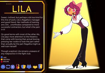 Rule 34 | 1girl, alternate costume, alternate universe, arm behind back, black pants, black shoes, blush, blush stickers, bow, bowtie, breasts, burrotello, buttons, character name, character profile, collared shirt, colored skin, commentary, corset, english text, eyelashes, full body, gloves, hair bow, high collar, highres, long eyelashes, long sleeves, looking at viewer, medium breasts, multicolored eyes, multicolored shoes, open mouth, orange skin, pants, pink bow, pink eyes, princess loolilalu (the amazing digital circus), puffy long sleeves, puffy sleeves, purple corset, purple hair, red eyes, shirt, shoes, short hair, solo, standing, striped corset, the amazing digital circus, two-tone eyes, two-tone shoes, untranslatable commentary, white gloves, white shirt, white shoes