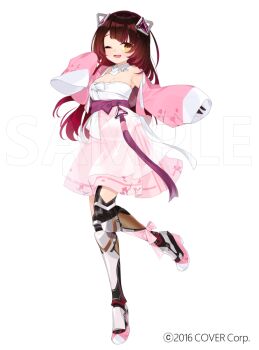 android breasts cleavage commentary_request hair_ornament hanbok hime_cut hololive korean_clothes long_hair multicolored_hair one_eye_closed purple_ribbon ribbon roboco-san sankyaku_tako shoes smile tassel thighhighs virtual_youtuber wide_sleeves yellow_eyes