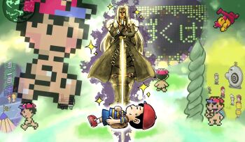 black_hair child completely_nude final_fantasy final_fantasy_vii flying_man hat kicdon magicant mother_(series) mother_2 ness_(mother_2) nintendo nude sephiroth shirt shoes shorts shota sleeping socks source_request sprite super_smash_bros. sweatdrop