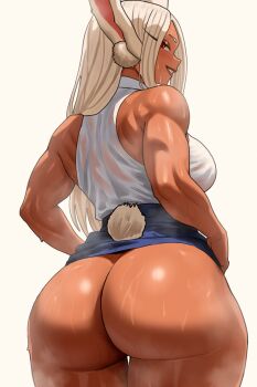 1girl absurdres alternate_costume animal_ears ass back bare_arms bare_shoulders blue_skirt boku_no_hero_academia breasts clothes_lift clothing_cutout commentary dark-skinned_female dark_skin english_commentary from_behind hands_on_own_hips highres large_breasts long_eyelashes long_hair looking_at_viewer looking_back median_furrow mirko no_panties parted_bangs parted_lips pencil_skirt rabbit_ears rabbit_girl rabbit_tail red_eyes shirt shirt_tucked_in simple_background skirt skirt_lift sleeveless sleeveless_shirt sleeveless_turtleneck smile solo steaming_body sweat tail tail_through_clothes thick_thighs thigh_gap thighs toned toned_female turtleneck very_long_hair white_background white_hair white_shirt witlessfrawn