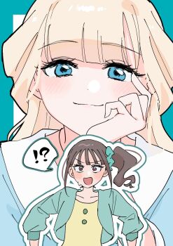 Rule 34 | !, !?, 2girls, :d, ?, aqua border, aqua jacket, aqua scrunchie, blonde hair, blue eyes, blunt bangs, blush, border, brown eyes, brown hair, choppy bangs, closed mouth, commentary request, doujinshi cover trope (trend), fanged bangs, flustered, hair ornament, hair scrunchie, hand on own face, head rest, highres, jacket, lemonade cn, multiple girls, nekoyashiki mayu, nekoyashiki yuki, open clothes, open jacket, open mouth, outline, precure, projected inset, scrunchie, shirt, side ponytail, smile, spoken exclamation mark, spoken question mark, upper body, white outline, wonderful precure!, yellow shirt