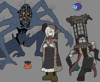 Rule 34 | 1boy, 1girl, 1other, amygdala (bloodborne), ascot, black dress, black hair, bloodborne, bonnet, boots, brown bonnet, brown boots, brown cape, bug, cape, dress, eldritch abomination, extra arms, extra eyes, grey background, grey hair, highres, hunter (bloodborne), kekeken, mensis cage, micolash host of the nightmare, plain doll, red ascot, red cape, rom the vacuous spider, running, simple background
