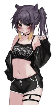 1girl absurdres akarinnndesu alternate_costume alternate_hairstyle barbell_piercing black_choker black_hair black_jacket black_shorts black_tank_top blush breasts choker commentary cowboy_shot dolphin_shorts drawstring ear_piercing english_commentary gradient_hair grey_eyes highres hololive hololive_english industrial_piercing jacket long_hair long_sleeves looking_at_viewer midriff mole mole_under_eye multicolored_hair multiple_piercings navel ninomae_ina'nis open_clothes open_jacket open_mouth orange_hair piercing pointy_ears print_tank_top shorts side_ponytail simple_background sleeves_past_wrists small_breasts solo standing tank_top thigh_strap white_background