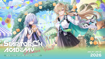 2girls aqua_necktie black_skirt blonde_hair blue_sky braid braided_bangs breasts closed_mouth commentary cup day disposable_cup dress earrings english_commentary english_text grey_hair hair_ornament hair_over_one_eye highres holding holding_cup id_card jacket jewelry logo long_hair looking_at_viewer lynae_(wuthering_waves) medium_breasts mornye_(wuthering_waves) multiple_girls necklace necktie official_art outdoors parted_lips purple_dress red_eyes shirt shirt_tucked_in skirt skull_hair_ornament sky smile star_(symbol) star_earrings triangle_earrings white_jacket white_shirt wuthering_waves