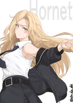 1girl absurdres atodashi belt black_belt black_jacket black_necktie blonde_hair bomber_jacket character_name collared_shirt dress_shirt grey_eyes highres hornet_(kancolle) jacket kantai_collection long_hair looking_at_viewer necktie pencil_skirt shirt simple_background skirt sleeveless sleeveless_shirt solo twitter_username white_background white_shirt