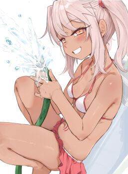1girl bikini blush breasts chloe_von_einzbern dark-skinned_female dark_skin esearu fate/kaleid_liner_prisma_illya fate_(series) highres hose loli long_hair looking_at_viewer orange_eyes paid_reward_available pink_hair small_breasts smile solo stomach_tattoo swimsuit tattoo