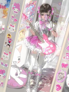 Rule 34 | 1girl, absurdly detailed composition, absurdres, bed, bedroom, blunt bangs, blush, boots, bow, bowtie, brown eyes, brown hair, buttons, cameo, cardcaptor sakura, cellphone, cellphone charm, character doll, character request, character sticker, charm (object), chii, chiikawa, chiikawa (character), chinese commentary, chobits, collared shirt, commentary request, doko demo issyo, doll, dutch angle, female pov, figure, fingerless gloves, flip phone, footwear bow, frilled gloves, frills, glove bow, gloves, grey vest, guitar, hair bow, hair ornament, hair pulled back, hair scrunchie, highres, holding, holding guitar, holding instrument, inoue toro, instrument, kinomoto sakura, knee boots, komatsu nana, long hair, looking at viewer, mirror, mirror selfie, my melody, my melody (series), nana (series), ninhaociyonghubuzai, onegai my melody, open mouth, original, osaki nana, petticoat, phone, pink bow, pink bowtie, pink skirt, poster (object), pov, reflection, reflection focus, rug, sanrio, scrunchie, selfie, shirt, sidelocks, skindentation, skirt, smile, solo, standing, sticker, stuffed animal, stuffed cat, stuffed toy, teeth, thighhighs, twintails, upper teeth only, very long hair, vest, white boots, white gloves, white scrunchie, white shirt, white thighhighs
