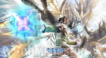 Rule 34 | absurdres, armor, black hair, brown eyes, brown pants, chest jewel, commission, d-storage, digimon, digimon (creature), digimon card game, digimon liberator, feathered wings, green shirt, helmet, highres, holding, horns, kazama shoto, multicolored hair, pants, red hair, sawadafy, shirt, short hair, single horn, streaked hair, two-tone hair, white armor, white helmet, white wings, wings, x-antibody, zephagamon