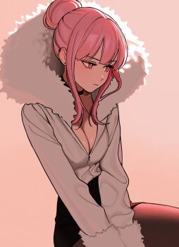 Rule 34 | 1girl, alternate costume, alternate hairstyle, black choker, black skirt, breasts, brown pantyhose, choker, cleavage, closed mouth, commentary, cowboy shot, ear piercing, earrings, english commentary, expressionless, eyelashes, fur-trimmed hood, fur-trimmed sleeves, fur trim, gradient background, hair bun, highres, hololive, hololive english, hood, hooded jacket, jacket, jewelry, long sleeves, medium breasts, medium hair, miniskirt, mlkhimari, mori calliope, pantyhose, pencil skirt, piercing, pink background, pink eyes, pink hair, sidelocks, simple background, sitting, skirt, solo, stud earrings, virtual youtuber, white jacket