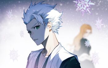 1boy 1girl bleach blurry blurry_background commentary commission english_commentary green_eyes guozhi_(artist) highres hitsugaya_toushirou long_hair matsumoto_rangiku orange_hair portrait profile second-party_source snowflakes snowing solo_focus white_hair