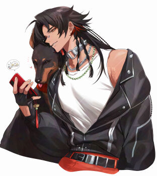 1boy absurdres alternate_costume animal asura_(onmyoji) belt black_gloves black_hair black_jacket cellphone chain chain_necklace choker commentary dobermann dog facial_mark fingerless_gloves gloves highres holding holding_phone jacket jewelry konsai_2 long_hair male_focus multicolored_hair muscular muscular_male necklace onmyoji open_clothes open_jacket pants pectorals phone red_hair red_pants red_tattoo simple_background smartphone solo streaked_hair symbol-only_commentary tank_top teeth two-tone_hair unworn_jacket upper_body white_background white_tank_top