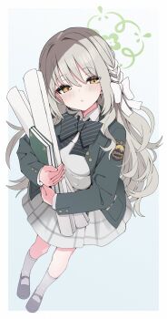 Rule 34 | 1girl, absurdres, black shoes, blue archive, blue background, book, bow, bowtie, breasts, brown eyes, commentary request, diagonal-striped bow, expressionless, fingernails, full body, green halo, green jacket, grey hair, grey skirt, hair bow, halo, highres, holding, holding book, holding paper, izuoku, jacket, kneehighs, long hair, looking at viewer, miyo (blue archive), paper, parted lips, shoes, simple background, skirt, socks, solo, striped bow, striped bowtie, striped clothes, white bow, wild hunt academy of arts logo