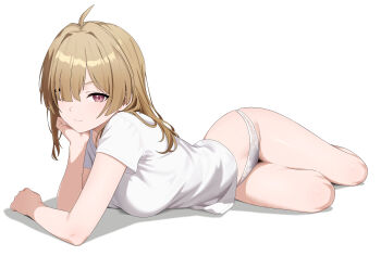 1girl absurdres ahoge blonde_hair breasts closed_mouth commentary hair_down hair_over_one_eye head_rest highres ir_who large_breasts long_hair looking_at_viewer no_pants panties shirt simple_background smile solo sweety_(zenless_zone_zero) thighs tinted_eyewear underwear variant_set white_background white_panties white_shirt zenless_zone_zero