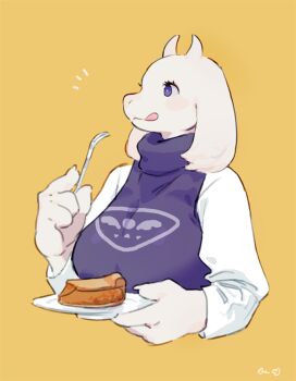 1girl :3 animal_ears artist_name bebebe blush blush_stickers breasts claws closed_mouth dress eating female_focus food fork furry furry_female goat_ears goat_horns hands_up happy holding horns large_breasts licking_lips light_blush long_sleeves notice_lines pie pie_slice plate purple_dress purple_eyes shirt signature simple_background sleeveless sleeveless_dress smile solo tongue tongue_out toriel undertale upper_body utdr_(toby_fox) white_shirt yellow_background