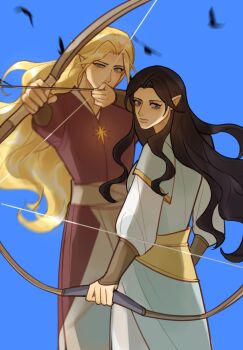 1boy 1girl aiming animal aredhel arrow_(projectile) bird black_hair blonde_hair blue_background blue_eyes bow_(weapon) celegorm closed_mouth cousins covered_mouth elf eyelashes floating_hair flying grey_eyes highres holding holding_bow_(weapon) holding_weapon issa_crimson long_hair looking_at_viewer motion_blur parted_bangs pointy_ears robe simple_background source_request the_silmarillion tolkien's_legendarium weapon