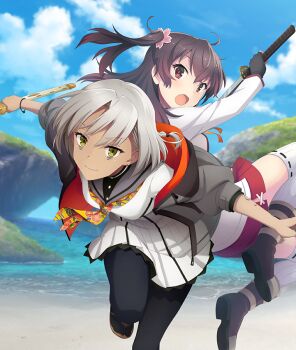2girls :o asakura_mihono ayanokouji_martial_arts_school_uniform back-to-back bags_under_eyes beach bent_over black_gloves black_pantyhose blue_sky boots bracelet breasts brown_boots brown_hair closed_mouth cloud dark-skinned_female dark_skin dot_nose dress earrings fingerless_gloves floral_print flower game_cg gloves green_eyes grey_hair grey_jacket grey_sailor_collar hair_flower hair_ornament holding holding_sword holding_weapon jacket jewelry katana kunigami_atou long_sleeves looking_at_viewer medium_hair minoseki_gakuin_uniform multiple_girls neckerchief official_art one_side_up open_clothes open_jacket open_mouth outdoors pantyhose parted_bangs pink_flower print_neckerchief red_eyes red_skirt sailor_collar school_uniform serafuku shirt short_hair skirt sky small_breasts smile striped_clothes striped_thighhighs stud_earrings sword thighhighs third-party_source toji_no_miko toji_no_miko:_kizamishi_issen_no_tomoshibi vertical-striped_clothes vertical-striped_thighhighs weapon white_dress white_serafuku white_shirt white_thighhighs yellow_neckerchief