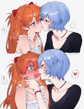 ! ... 2girls 2koma ? alternate_costume angry ayanami_rei bare_shoulders black_nails black_shirt blue_eyes blush closed_eyes closed_mouth collarbone comic couple earrings embarrassed eye_contact eyebrows_hidden_by_hair grey_hair hair_between_eyes half-closed_eyes hand_up heart highres imminent_kiss jewelry kiss licking long_hair looking_at_another multiple_girls nail_polish neck necklace neon_genesis_evangelion open_mouth orange_hair qiandaiyiyu red_eyes serious shirt short_hair simple_background souryuu_asuka_langley spoken_ellipsis spoken_exclamation_mark spoken_heart spoken_question_mark surprised tagme tongue tongue_out upper_body white_background yuri