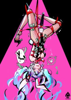 1girl absurdres ahoge animal_ears arms_behind_back artist_logo artist_name banknote bdsm black_background black_leotard blue_eyes blue_hair bondage bound bow bowtie clitoral_stimulation clothing_cutout commentary cutout_above_navel english_commentary fake_animal_ears fake_tail female_focus fishnet_pantyhose fishnets hair_ornament hairband hatsune_miku heart heart-shaped_pupils heart_ahoge heart_cutout highleg highleg_leotard highres hitachi_magic_wand leotard logo money necktie pantyhose pink_background pink_bow pink_bowtie pink_necktie pink_pupils pink_theme playboy_bunny pussy_juice rabbit_ears rabbit_hair_ornament rabbit_hole_(vocaloid) rabbit_tail red_ribbon restrained ribbon rolling_eyes sex_toy shibari shibari_over_clothes simple_background smile solo spaghetti_strap speech_bubble spoken_heart suspension symbol-shaped_pupils tail teardrop twintails uncensored upside-down vibrator vocaloid white_hairband x_hair_ornament yeougui