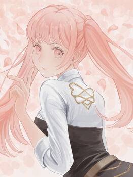 1girl belt breasts brown_belt closed_mouth commentary_request dangouo_ty fire_emblem fire_emblem:_three_houses from_behind garreg_mach_monastery_uniform hilda_valentine_goneril lips long_hair looking_at_viewer looking_back medium_breasts nintendo pink_eyes pink_hair pink_lips smile solo twintails upper_body v very_long_hair