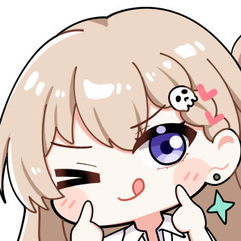 1girl ;q blonde_hair commentary earrings hair_ornament hands_up highres index_fingers_raised jewelry long_hair looking_at_viewer lynae_(wuthering_waves) one_eye_closed portrait purple_eyes simple_background skull_hair_ornament solo star_(symbol) star_earrings sticker_(medium) tongue tongue_out twomoon white_background wuthering_waves