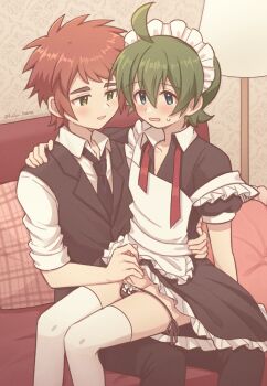 2boys apron black_necktie black_panties blue_eyes blush butler collared_shirt commentary_request couch crossdressing crossdressing_(mtf) cushion digimon digimon_universe:_appli_monsters frilled_apron frills green_eyes green_hair highres lamp looking_at_another lulu_hane maid maid_apron maid_headdress male_focus male_maid micro_panties multiple_boys necktie on_couch ozora_yujin panties grabbing_another's_penis red_hair shinkai_haru shirt string_panties thighhighs underwear white_apron white_shirt white_thighhighs yaoi