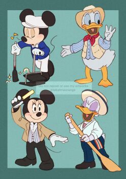 2boys 2girls alternate_costume animal_ears bow daisy_duck disney donald_duck duck_boy duck_girl eyelashes gloves hat highres looking_at_viewer male_focus mickey_mouse mickey_mouse_&amp;_friends minnie_mouse mouse_ears multiple_boys multiple_girls open_mouth shirt smile tail takatmaorange