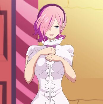 1girl animated blue_eyes bouncing_breasts breasts closed_mouth collarbone detached_collar flashing hair_over_one_eye huge_breasts indoors lips looking_at_viewer navel nipples no_bra one_piece open_mouth pink_hair scrabble007 shirt short_hair short_sleeves smile solo tagme undressing upper_body video vinsmoke_reiju white_shirt