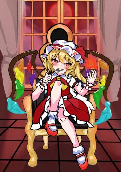 1girl ascot blonde_hair bobby_socks crystal crystal_wings flandre_scarlet fork full_body hat highres holding holding_fork indoors loki_310_11 looking_at_viewer mary_janes mob_cap moon open_mouth puffy_short_sleeves puffy_sleeves red_eyes red_moon shoes short_hair short_sleeves side_ponytail sitting skirt smile socks solo touhou window wings yellow_ascot