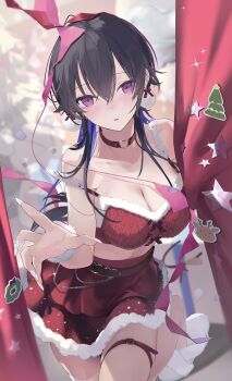 Rule 34 | 1girl, black hair, breasts, choker, cleavage, colored inner hair, commentary request, curtains, fingernails, fur-trimmed skirt, fur-trimmed tube top, fur trim, heart, heart o-ring, highres, ichinose uruha, long hair, looking at viewer, medium breasts, midriff, momochi tamalu, multicolored hair, o-ring, o-ring choker, purple eyes, red choker, red skirt, red tube top, sharp fingernails, skirt, slippers, solo, strapless, thigh strap, tube top, virtual youtuber, vspo!, white nails, white slippers
