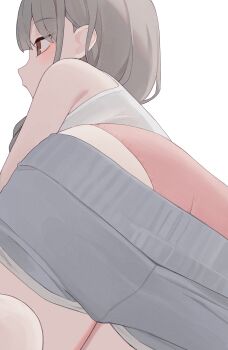 1girl ass barefoot blush brown_eyes brown_hair clothes_pull from_behind from_below grey_shirt grey_shorts hiroki_(yyqw7151) kneeling long_hair original panties pink_panties shirt shorts shorts_pull tank_top underwear white_background