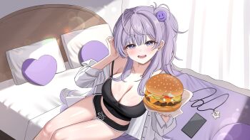 1girl absurdres antenna_hair bare_shoulders bed bed_sheet black_shirt black_shorts black_tank_top blanket blue_jacket blush breasts burger cellphone cheese cleavage commentary_request crop_top curtains day dolphin_shorts food front-tie_shorts hair_between_eyes hand_in_own_hair hand_up heart heart-shaped_pillow highres hiyayo25 holding holding_burger holding_food indie_virtual_youtuber indoors jacket ketchup korean_commentary large_breasts lens_flare long_hair long_sleeves looking_at_viewer messy_hair miamumu midriff navel on_bed open_clothes open_jacket open_mouth phone pickle pillow purple_eyes purple_hair sesame_seeds shirt short_shorts shorts sidelocks sitting smartphone smile solo tank_top teeth thighs very_long_hair virtual_youtuber