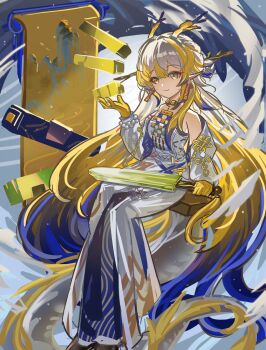 Rule 34 | 1girl, arknights, bare shoulders, bead necklace, beads, blonde hair, blue hair, breasts, closed mouth, collarbone, commentary request, dragon girl, dragon horns, dragon tail, earrings, eastern dragon horns, eastern dragon tail, gradient hair, green eyes, highres, holding, holding sword, holding weapon, horns, huanyin, jacket, jewelry, long hair, long sleeves, looking at object, medium breasts, multicolored hair, necklace, pants, pointy ears, shirt, shu (arknights), smile, solo, strapless, strapless shirt, sword, tail, tassel, tassel earrings, very long hair, weapon, white hair, white jacket, white pants